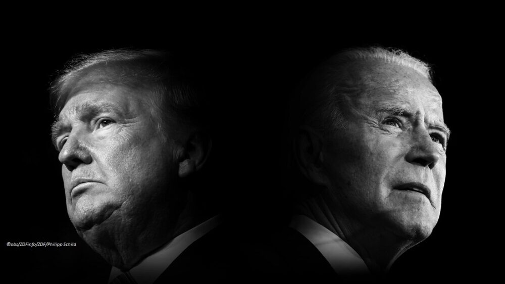 Donald Trump und Joe Biden in einer Collage, sie schauen in entgegengesetzte Richtungen.