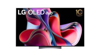 Die neuen OLED TV-Modelle von LG, ein Fernseher vor weißem Hintergrund, der bunte Grafiken zeigt