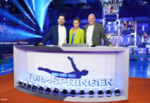 Jan Köppe, Laura Wontorra und Frank Buschman beim RTL Turmspringen