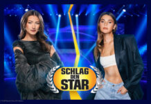 Leony und Stefanie Giesinger posieren mit dem Logo von "Schlag den Star"