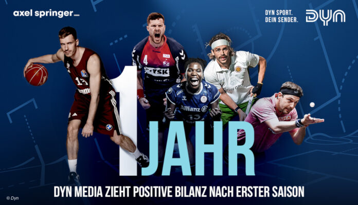 1 Jahr Dyn Banner mit Sportlern im Hintergrund