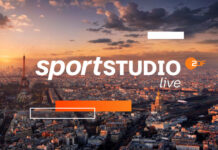 Schriftzug "ZDF Sportstudio" vor der Kulisse von Paris zur Olympia 2024