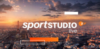 Schriftzug "ZDF Sportstudio" vor der Kulisse von Paris zur Olympia 2024