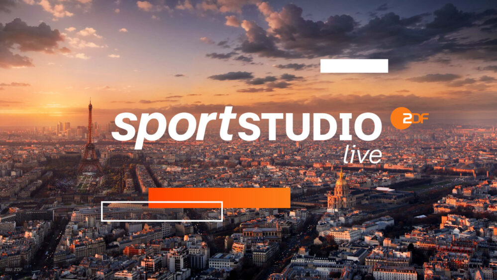 Schriftzug "ZDF Sportstudio" vor der Kulisse von Paris zur Olympia 2024