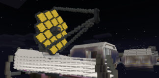 In Minecraft nachgebautes James Webb Telescope und andere Bauten vor Weltraumhintergrund