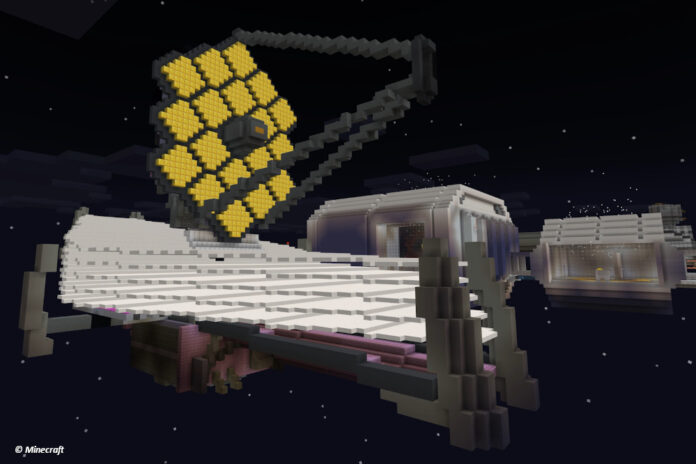 In Minecraft nachgebautes James Webb Telescope und andere Bauten vor Weltraumhintergrund