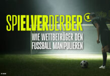 Ein Fußballer schießt auf ein leeres Tor, dazu der Schriftzug "Spielverderber - Wie Wettbetrüger den Fußball manipulieren"