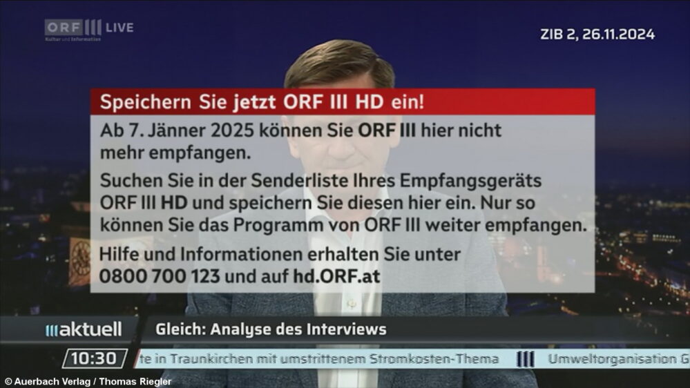 Auf ORF3 SD gibt es nun eine neue Einblendung. Sie gibt erstmals den exakten Abschalttermin bekannt