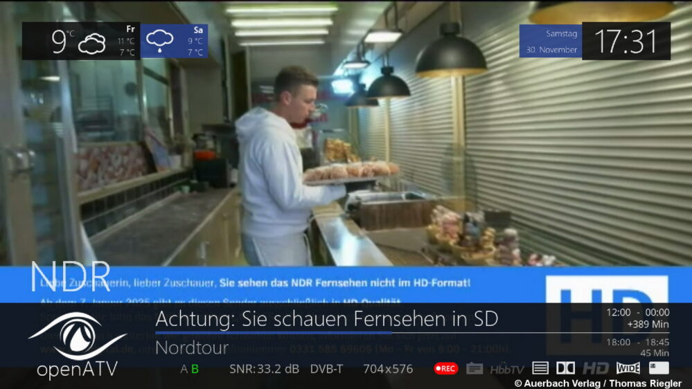 Das NDR Fernsehen wird in SD in Österreich über DVB-T2 ausgestrahlt. Inklusive der SD-Abschalthinweise zum 7. Januar 2025