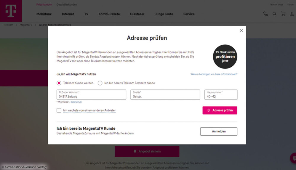 MagentaTV-Neukunden erhalten bis zu 6 Monate MagentaTV kostenlos. Es ist ratsam, die Adresse vor dem Bestellvorgang zu überprüfen