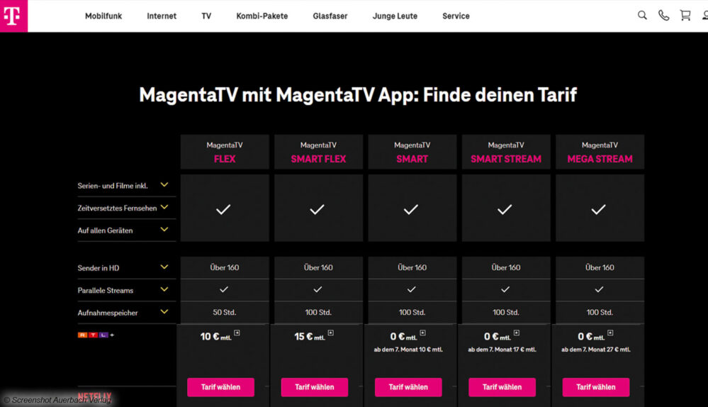 Anschließend kann der passende TV-Tarif mit Extras wie Netflix, Disney+ und weiteren Anbietern ausgewählt werden. Nach Eingabe der Adresse erfolgt die Buchung