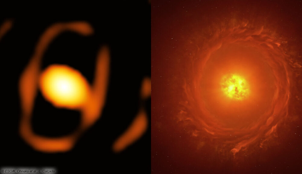 WOH G64 befindet sich in der Großen Magellanschen Wolke, in einer atemberaubenden Entfernung von über 160.000 Lichtjahren von uns. Es ist ein sterbender Stern, der etwa 2.000 Mal so groß wie die Sonne ist. Dieses Bild des Sterns (links) ist die erste Nahaufnahme eines Sterns außerhalb unserer Galaxie. Dieser Durchbruch war dank des Very Large Telescope Interferometer (VLTI) der Europäischen Südsternwarte (ESO) in Chile möglich.

Das neue Bild, aufgenommen mit dem GRAVITY-Instrument des VLTI, zeigt, dass der Stern von einem großen eiförmigen Staubkokon umhüllt ist. Das Bild rechts zeigt eine künstlerische Darstellung, die die Geometrie der Strukturen um den Stern herum rekonstruiert, einschließlich der hellen ovalen Hülle und eines blasseren Staubtorus. Um das Vorhandensein und die Form dieses Torus zu bestätigen, sind weitere Beobachtungen erforderlich