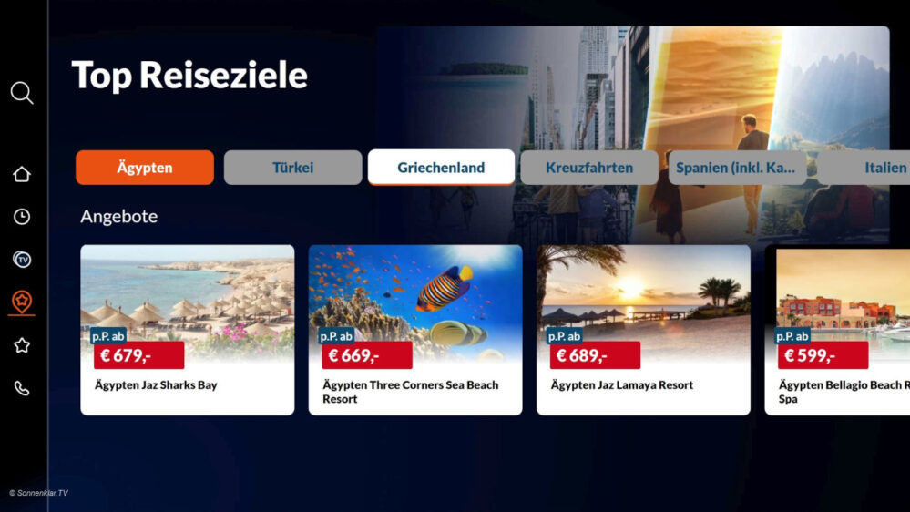 Die Oberfläche der Smart TV-App Sonnenklar.TV+ im Reiter "Top Reiseziele"