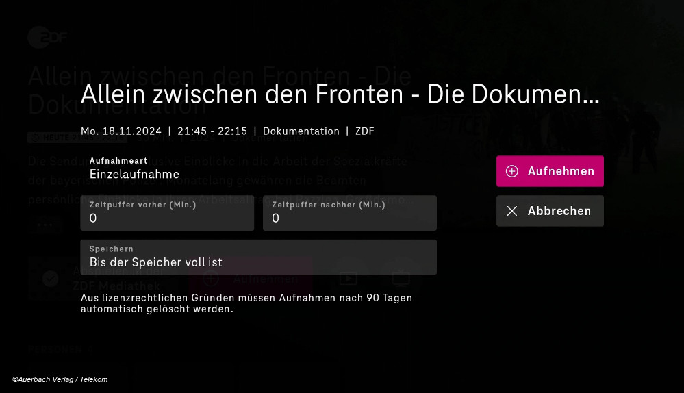 MagentaTV 2.0, Aufnehmen