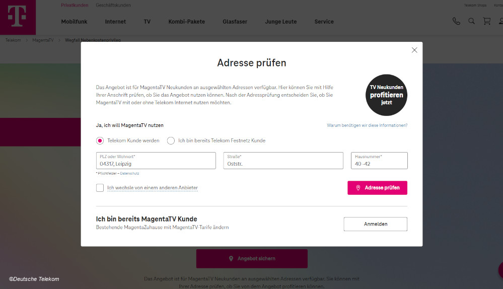 MagentaTV Adresse prüfen