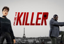 Nathalie Emmanuel und Omar Sy mit Pistolen neben dem Schriftzug "The Killer", im Hintergrund Paris