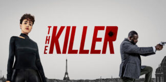 Nathalie Emmanuel und Omar Sy mit Pistolen neben dem Schriftzug "The Killer", im Hintergrund Paris