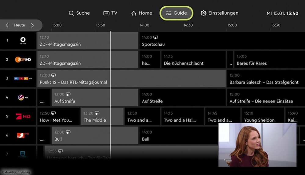 Dank der Senderlogos wirkt der Programmführer sehr übersichtlich. Er bietet den EPG