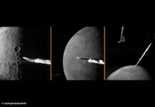 Drei Bilder des Merkurs aus nächster Nähe, im Vordergrund Instrumente der Raumsonde BepiColombo