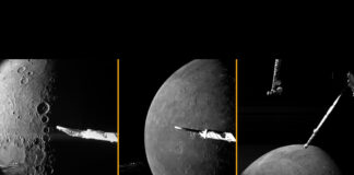 Drei Bilder des Merkurs aus nächster Nähe, im Vordergrund Instrumente der Raumsonde BepiColombo