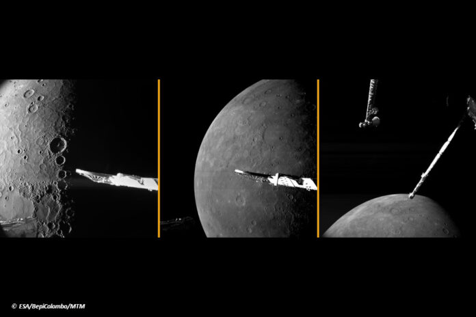 Drei Bilder des Merkurs aus nächster Nähe, im Vordergrund Instrumente der Raumsonde BepiColombo