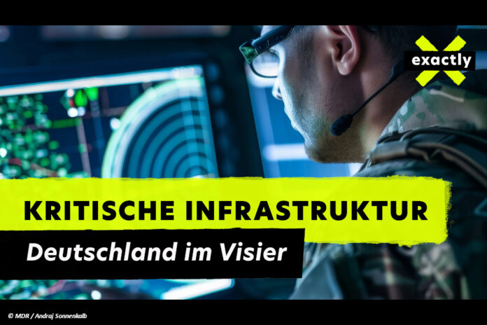 Fotomontage: Ein Mann in Uniform schaut auf einen Bildschirm. Im Vordergrund der Schriftzug: Kritische Infrastruktur - Deutschland im Visier und das Logo der Sendung exactly oben rechts in der Ecke.