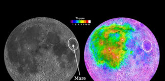 Bild des Mondes mit Markiergun des Mare Crisium und Infografik zur Verteilung von Thorium im Mondgestein