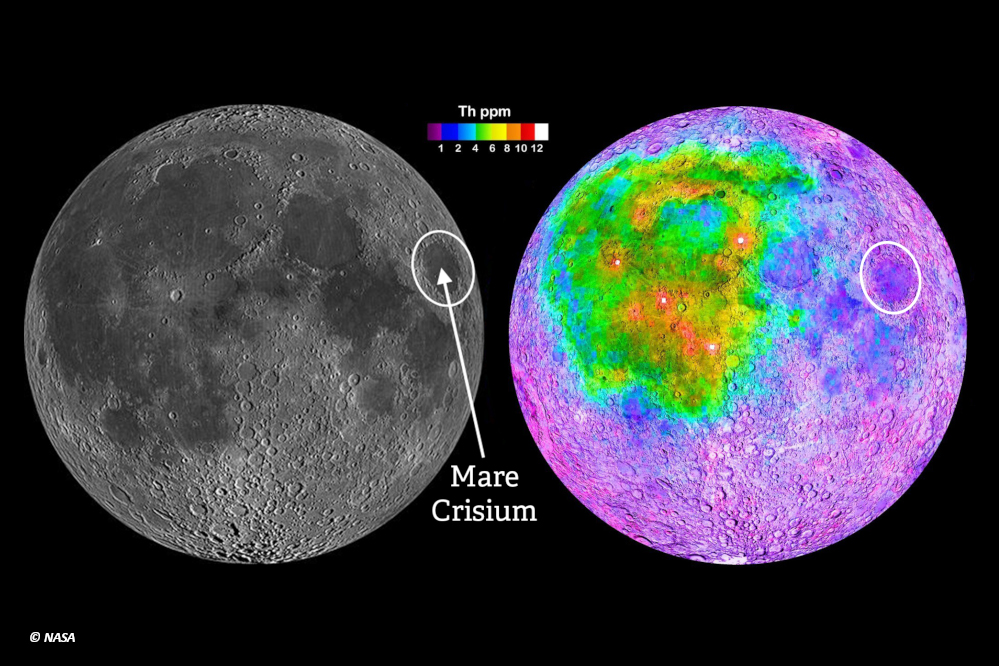 Bild des Mondes mit Markiergun des Mare Crisium und Infografik zur Verteilung von Thorium im Mondgestein