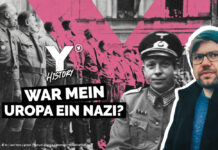 Collage zur Sendung Y-History. Ein Reporter im Vordergrund schaut in die Kamera, im Hintergrund ist ein Mann in Wehrmacht-Uniform und eine Reihe SA-Männer zu sehen.