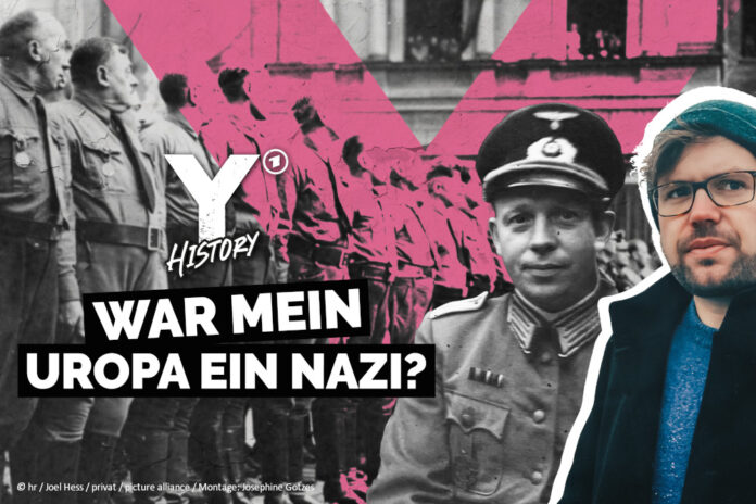 Collage zur Sendung Y-History. Ein Reporter im Vordergrund schaut in die Kamera, im Hintergrund ist ein Mann in Wehrmacht-Uniform und eine Reihe SA-Männer zu sehen.