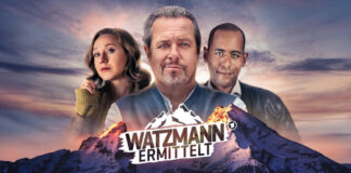 "Watzmann ermittelt" - Bildmontage: Kommissar Beissl und Kollegen über Berggipfel