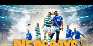 Titelbild zur Doku-Serie "Die Derbys". Zwei Fußballspieler von Celtic Glasgow und den Glasgow Rangers steigen bei einem "Old Firm" zum Kopfballduell in die Luft. Davor ein Schriftzug: Die Derbys.