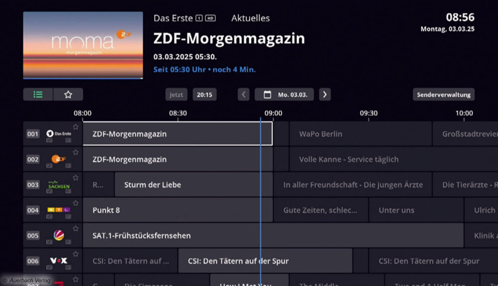 Der EPG kann über die Startseite sowie über die PROG-Taste auf der Fernbedienung aufgerufen werden. Über diesen ist es möglich, Aufnahmen zu programmieren